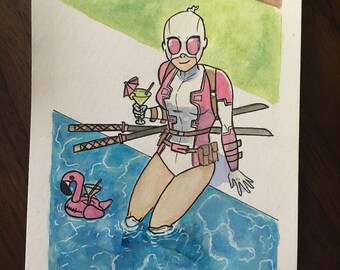 Web of Love Original 8 x 10 Ink and Watercolor Spiderman Gwenpool Fan Art Painting