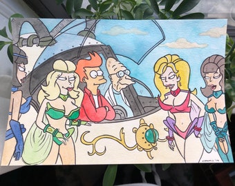 Work Perks - 6" x 9" Ink and Watercolor Painting / Futurama Fan Art