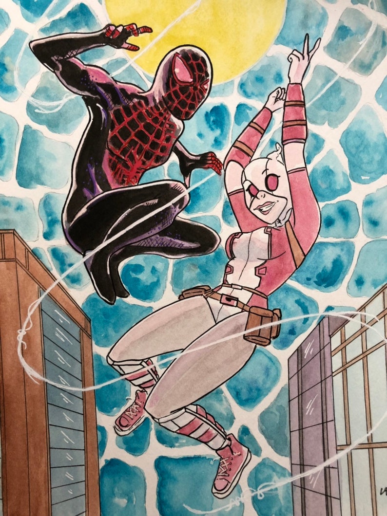 Web of Love Original 8 x 10 Ink and Watercolor Spiderman Gwenpool Fan Art Painting