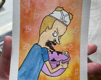 Lay off Me, I’m Starving - 4” x 6” Ink and Watercolor Beavis Fan Art Painting