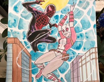 Web of Love - Original 8 x 10 Ink and Watercolor Spiderman / Gwenpool Fan Art Painting