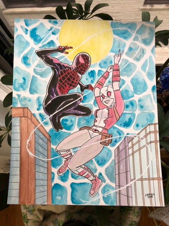 Web of Love Original 8 x 10 Ink and Watercolor Spiderman  Gwenpool Fan Art Painting