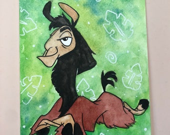 Devilish Llama Kuzco - 3.5” x 5” Ink and Watercolor Fan Art Painting
