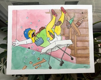 Marge's Drunken Debauchery - 8 x 10 Ink and Watercolor Painting / Illustration / Simpsons Fan Art