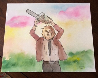 Leatherface In Heaven - Original 8 x 10 Ink and Watercolor Painting  / Texas Chainsaw Massacre Fan Art