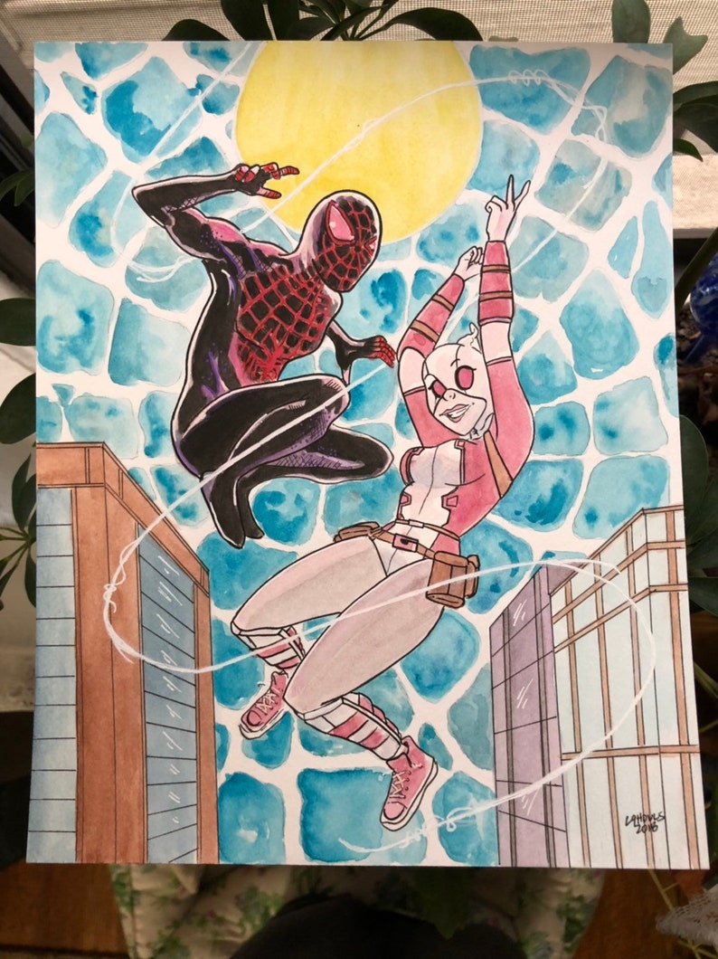 Web of Love Original 8 x 10 Ink and Watercolor Spiderman Gwenpool Fan Art Painting