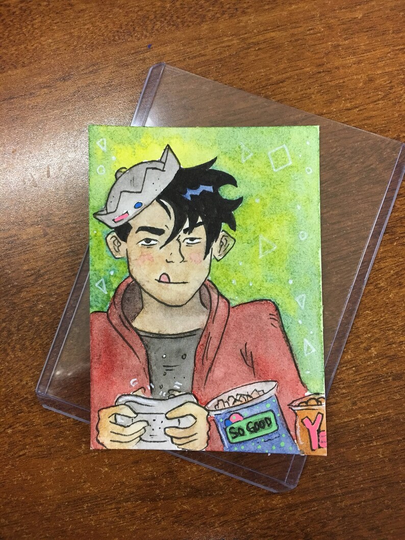 2.5 x 3.5 Ink and Watercolor ATC Sketchcard Jug Fan Art Dirtbag Gamer