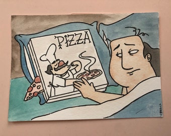 Pizza Is My Lover - 3.5” x 5” Ink and Watercolor Critic Fan Art Painting