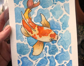 Little Fish Swimming in the Water - Original 5” x 7” Ink, Watercolor and Gouache Painting