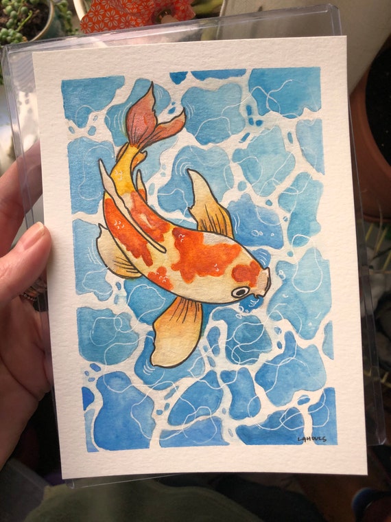 Little Fish Swimming in the Water Original 5 X 7 Ink, Watercolor and  Gouache Painting 
