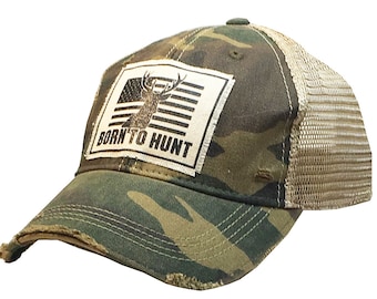 Born To Hunt Distressed Trucker Cap | Men's Trucker Cap | Mesh Hat | Patch Hat | Camping | Guys Weekend | Drinking Hat | Hunting | Unisex