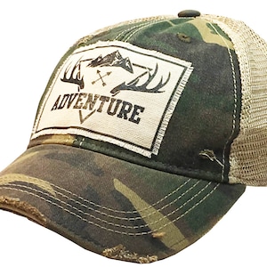 Adventure Distressed Trucker Hat | Men&#39;s Trucker Cap | Hunting | Mesh Hat | Patch Hat | Camo Distressed | Gift for Dad | Top Seller