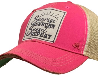 Sunrise Sunburn Sunset Repeat Distressed Trucker Cap | Country Music | Baseball Hat | Girls Weekend | Drinking Hat | Sarcasm | Beach Life