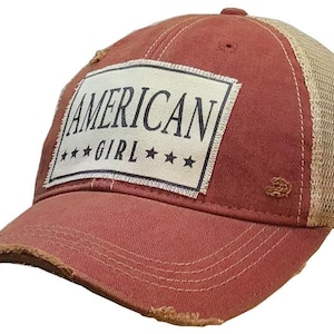 American Girl Distressed Trucker Cap | Trucker Cap | Patriotic | USA | Proud to Be An American | Women's Baseball Hat | Mesh Hat | Patch Hat