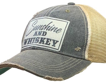 Sunshine & Whiskey Distressed Trucker Cap | Drinking Hat | Baseball Hat | Guys Weekend | Patch Hat | Unisex | Sarcasm | Girls Weekend