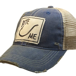 Bite Me Distressed Trucker Cap | Men&#39;s Trucker Cap | Mesh Hat | Patch Hat | Fishing | Hat for Fishing | Fisherman | Sarcasm | Father | GIFT