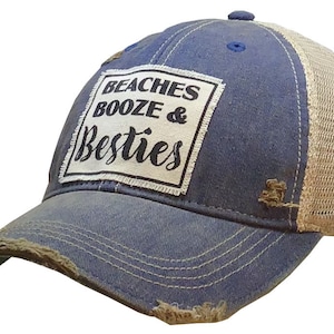 Beaches Booze & Besties Distressed Trucker Cap | Women&#39;s Trucker Cap | Baseball Hat | Besties | Girlfriends | Girls Weekend | BEST SELLER
