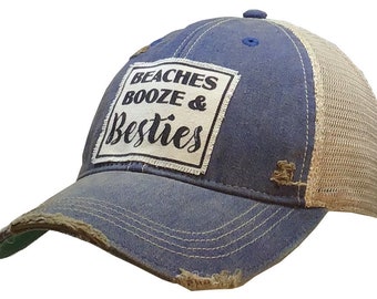 Beaches Booze & Besties Distressed Trucker Cap | Women's Trucker Cap | Baseball Hat | Besties | Girlfriends | Girls Weekend | BEST SELLER