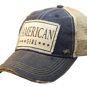 American Girl Distressed Trucker Cap | Trucker Cap | Patriotic | USA | Proud to Be An American | Women's Baseball Hat | Mesh Hat | Patch Hat