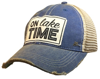 On Lake Time Distressed Trucker Cap | Women's Trucker Cap | Lake Life | Beach | Mesh | Patch Hat | Girls Weekend | BEST SELLER | Gift