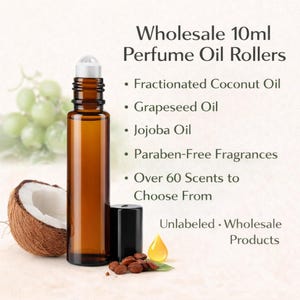 May include: A brown glass perfume oil roller bottle with a white rollerball top and a black cap. The image includes text that reads "Wholesale 10ml Perfume Oil Rollers" and lists ingredients and features like "Over 60 Scents to Choose From."
