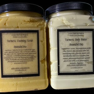 Half Gallon Wholesale Combo-1 half gallon each of Turmeric Body Butter and Turmeric foaming scrub. Bottle, label, and resell as your own.