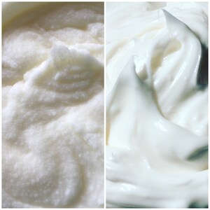 May include: Two close-up images of white whipped cream. The first image shows a smooth, creamy texture. The second image shows a more textured, fluffy texture.