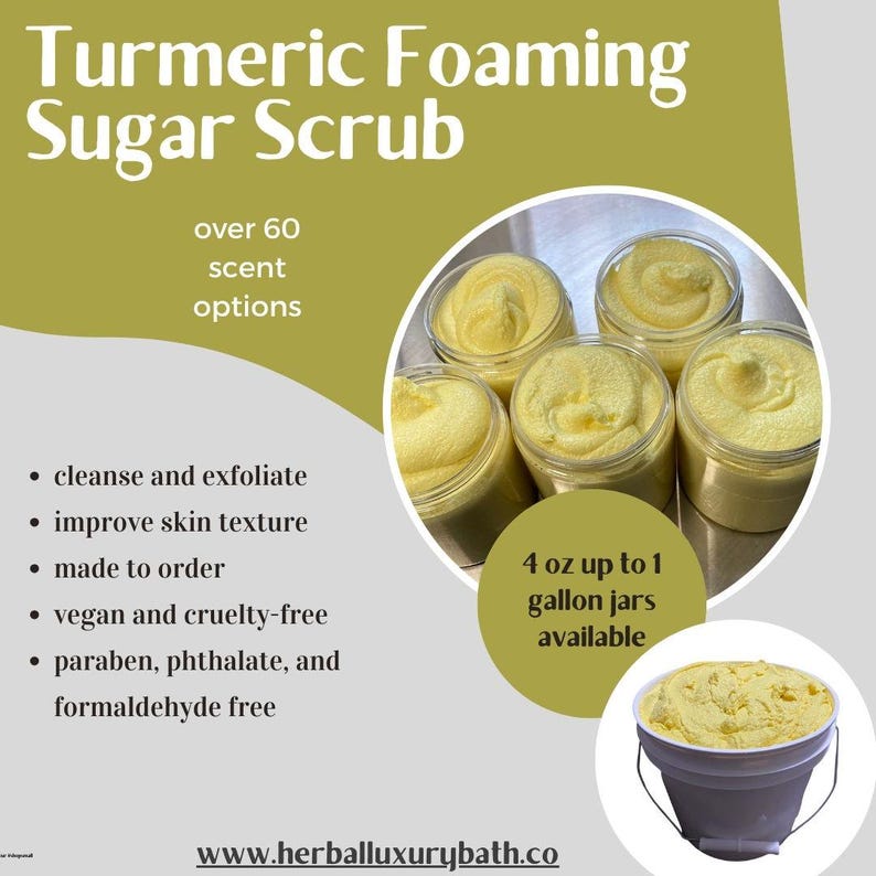Wholesale Turmeric Foaming Sugar Scrub. 1 gallon. Christmas gifts, gift baskets, salons and spas. Private label. Handmade in the USA bild 2