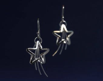 Star earrings in 925 sterling silver, fringe earring, handmade dainty hook earrings, drop and dangle earrings, shooting star earrings