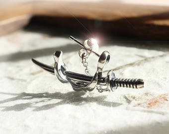 Japanese samurai sword earring,  stud earring for man and women, fashion silver earring for man, single earrings, katana knife earring