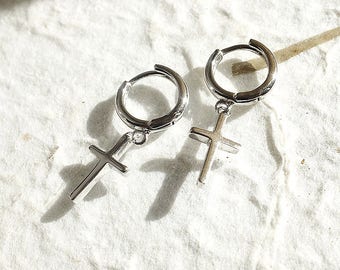 Cross Earrings in 925 sterling silver, earrings for man and women, dainty cross earring, Snap closure earrings in 925 sterling silver