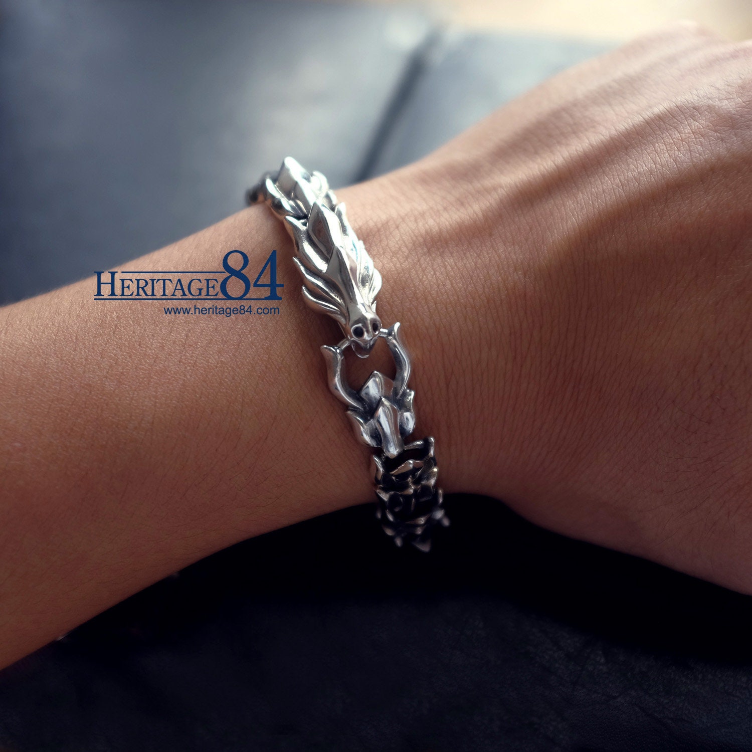 Mens Sterling Silver Bracelet Dragon Chain Bracelet Bracelet for