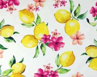 Lemon Floral Fabric, Citrus Fruit Flower Print Fabric, Yellow Pink Botanical Fabric, Summer Dress Fabric, Stretch Jersey by the Metre
