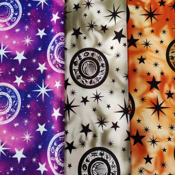 FS581_1 Galaxy Zodiac Tie Dye Purple Orange Olive Print on High Quality Dress Making Jersey Stretchy Scuba Fabric - (Sold Per Metre)