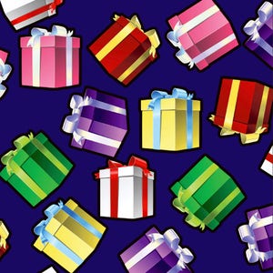 May include: A seamless pattern of colorful gift boxes with different colored ribbons and bows on a dark blue background.