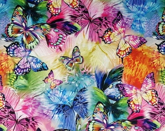 FS204 Estampado de mariposas arcoíris multicolor sobre tela de jersey elástica de buceo - (Vendido por metro)