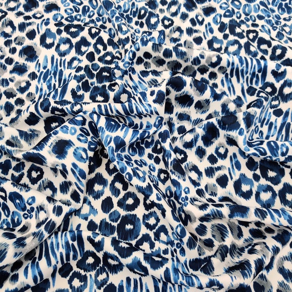 Blue Animal Print Fabric, Leopard Spot Pattern on White, Safari Print Fabric, Stretch Jersey Dress Fabric, Knit Fabric by the Metre