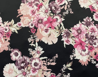 FS100_3 Black Floral Flower Print on Premium Dress Making Jersey Stretchy Scuba Fabric - (Sold Per Metre)
