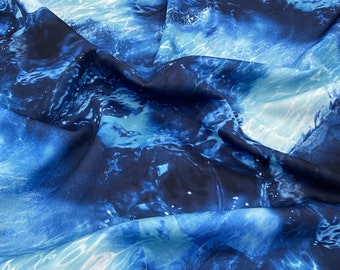 Blue Ocean Wave Scuba Fabric, Water Effect Stretch Scuba Jersey Fabric, Abstract Sea Print Fabric for Dresses & Crafts by the Metre