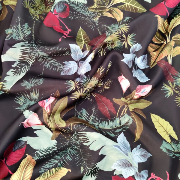 FS843 Tropical Floral Black Flower Print on High Quality Dress Making Jersey Stretchy Scuba Fabric - (Sold Per Metre)