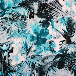Tropical Floral Fabric, Teal Black Leaf Print Fabric, Monochrome Jungle Fabric, Bold Botanical Fabric, Stretch Jersey by the Metre