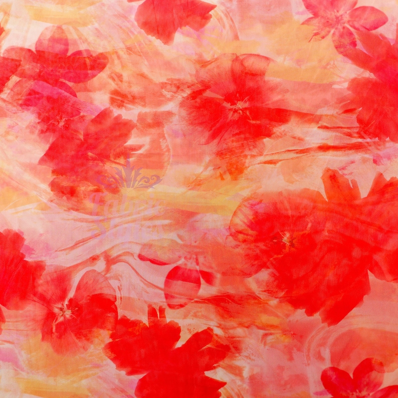 Orange Floral Power Mesh Fabric | Lightweight 90gsm 4-Way Stretch Net 160cm Wide