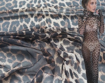 Brown Leopard Power Mesh Fabric | Animal Print Stretchy Sparkle | Polyester Stretch Fabric (FS005_1)