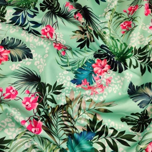 FS471_1  Hawaii Tropical Mint Flower Print on High Quality Dress Making Jersey Stretchy Scuba Fabric - (Sold Per Metre)