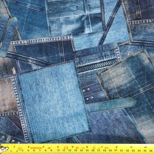 May include: A patchwork fabric made of different shades of blue denim. The fabric is made up of various pieces of denim sewn together, creating a unique and textured look.