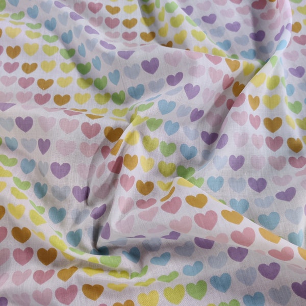 FS886 Pastel Rainbow Hearts Polycotton Fabric Design Kids Craft Quilting Fabric By The Metre