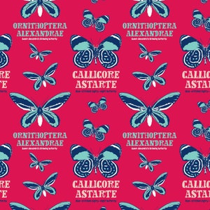 May include: A seamless pattern featuring colorful butterfly illustrations with text that reads "ORNITHOPTERA ALEXANDRAE Queen Alexandra's birdwing butterfly" and "CALLICORE ASTARTE Blue-stitched Eighty-eight butterfly".
