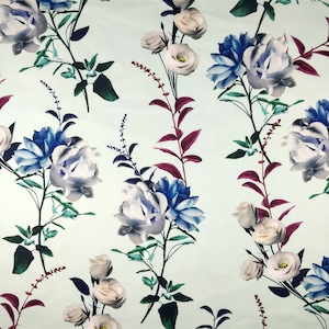 FS286 zomer rose mint bloemenprint zwart wit op hoge kwaliteit jersey stretchy scuba stof - (verkocht per meter)
