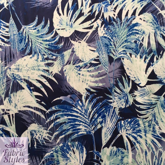 FS033 Blue Tropical Palm Print High Quality Dress Making Jersey Stretchy Thin Soft Spun Polyester Elastane Fabric - Sold Per Metre