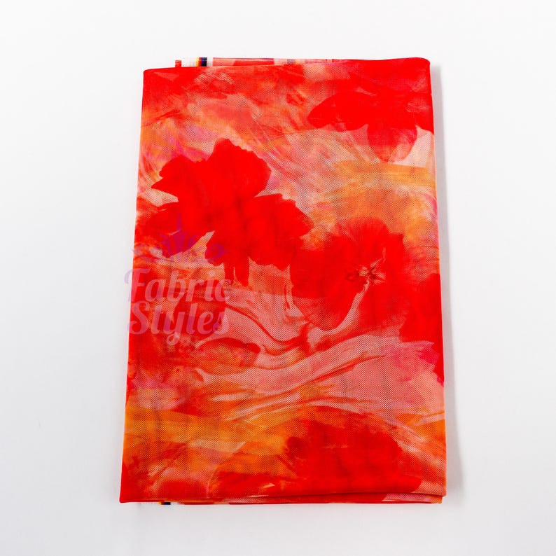Orange Floral Power Mesh Fabric | Lightweight 90gsm 4-Way Stretch Net 160cm Wide
